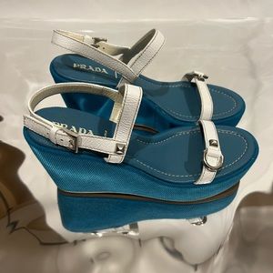 Prada - Vintage Blue Platform Wedges with White Straps